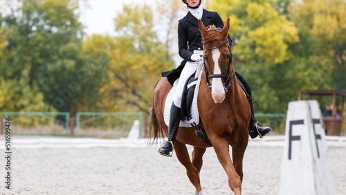 Young teenage girl riding sorrel horse on dressage equestrian event