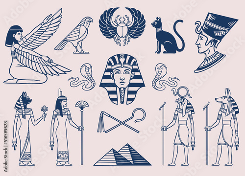 Set of Black and white Style of Ancient egyptian Objects