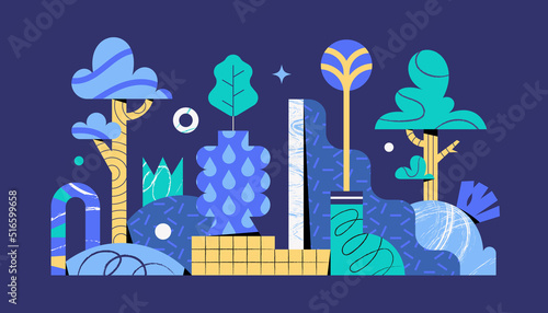 Blue, abstract and geometric landscape, with trees, plants, ceramics and pottery 