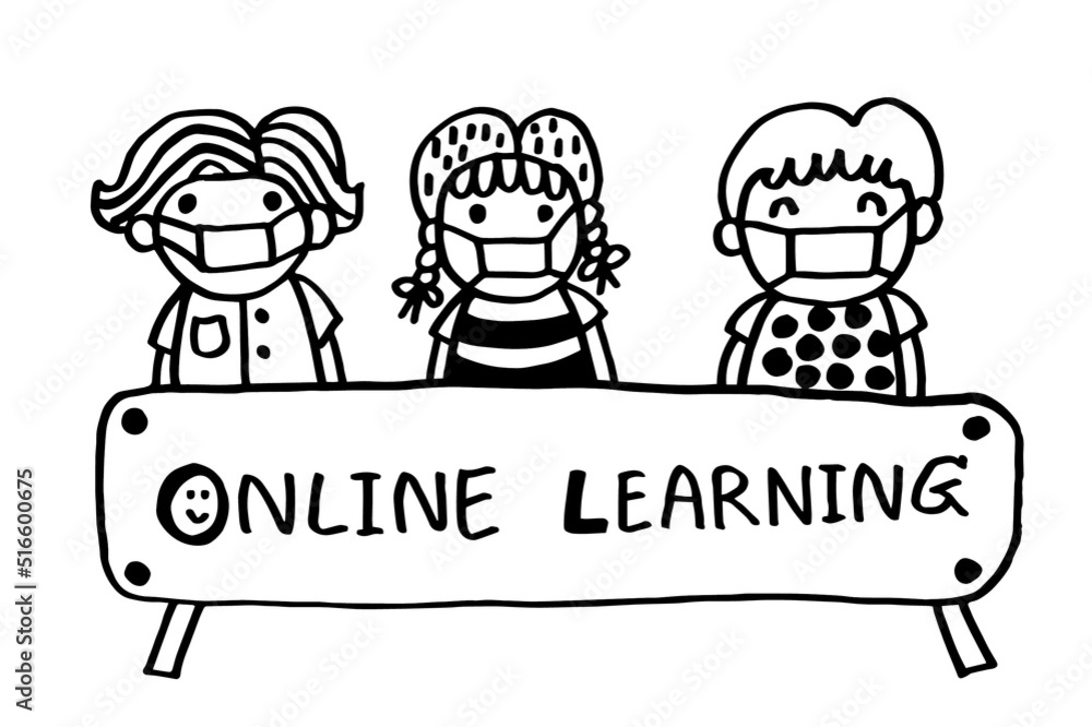 Kids with text Online Learning , cartoon doodle hand drawing Kids with text Online Learning , cartoon doodle hand drawing