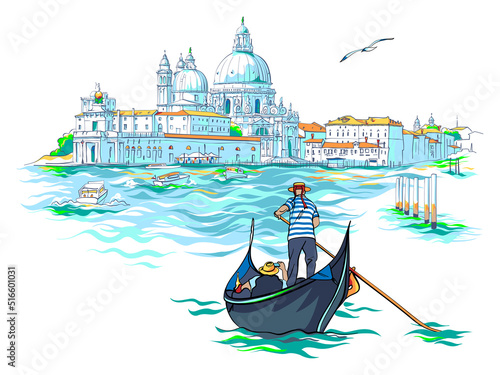 Gondolier in gondola on Grand Canal in hat with red ribbon and typical striped singlet, Saint Mary of Health in the background, Venice, Italy.
