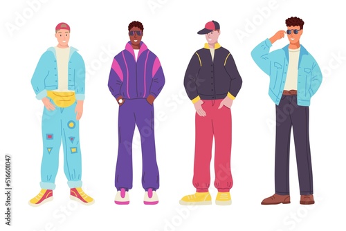 Set of characters. People in clothes in the style of the 90s. Neon, nostalgia, street style, trend. Flat vector illustration