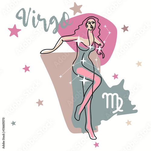 Virgo is a constellation of the zodiac sign. A girl in a modern style with colored spots and contour lines of the model's silhouette. Graphic Print