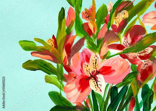 drawing flowers on a bright background. Oil painting, acrylic..impressionistic style, flower painting, bright colors. Artistic background. Card. Flower card.