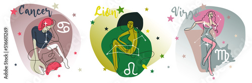 A series of constellations of the SUMMER zodiac signs. A girl in a modern style with colored spots and contour lines of the model's silhouette. Graphic PRINT