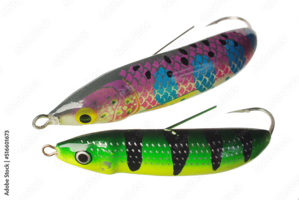Fishing lures. Spinners. Wobblers. Isolated on white. Fishing lures. Spinners. Wobblers. Isolated on white.