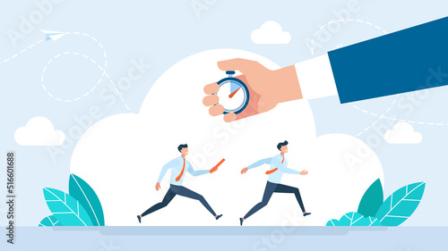 Time management. Business baton pass, relay, job handover or partnership and teamwork. Deadline, punctuality. Two businessmen pass the baton running a relay race. Team. Vector flat illustration