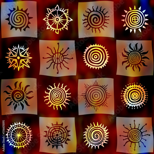 Seamless pattern, ethnic background, sun symbols, vector design