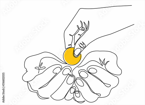 Continuous line drawing of hand giving money coin to give charity donate. Vector illustration