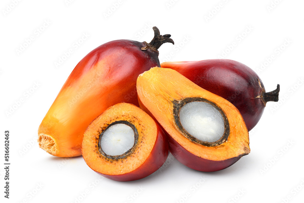 Palm oil nuts with cut in half isolated on white background. Clipping