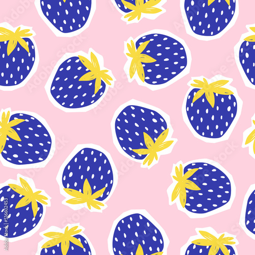 Seamless pattern with big blue strawberries. Childish berry print. Vector hand drawn illustration.