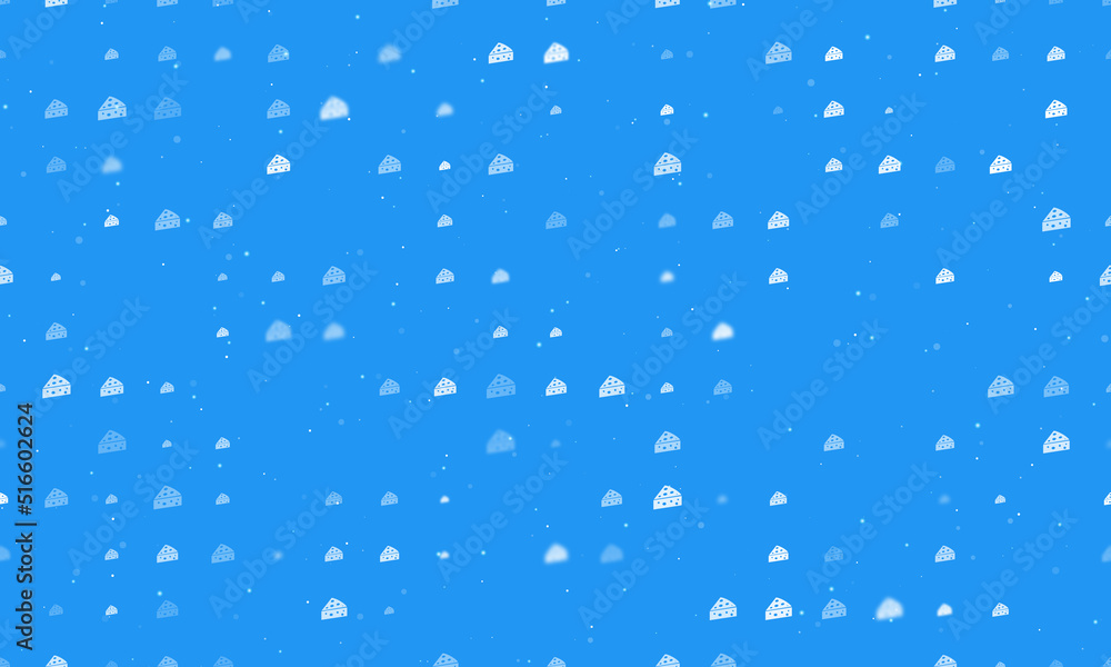 Seamless background pattern of evenly spaced white cheese symbols of different sizes and opacity. Vector illustration on blue background with stars