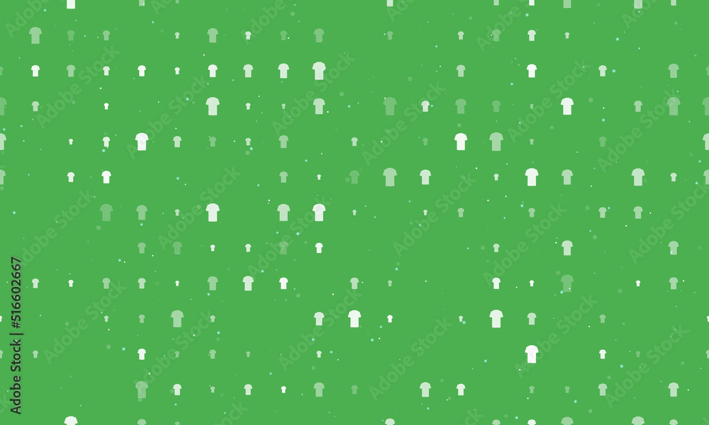 Seamless background pattern of evenly spaced white t-shirt symbols of different sizes and opacity. Vector illustration on green background with stars