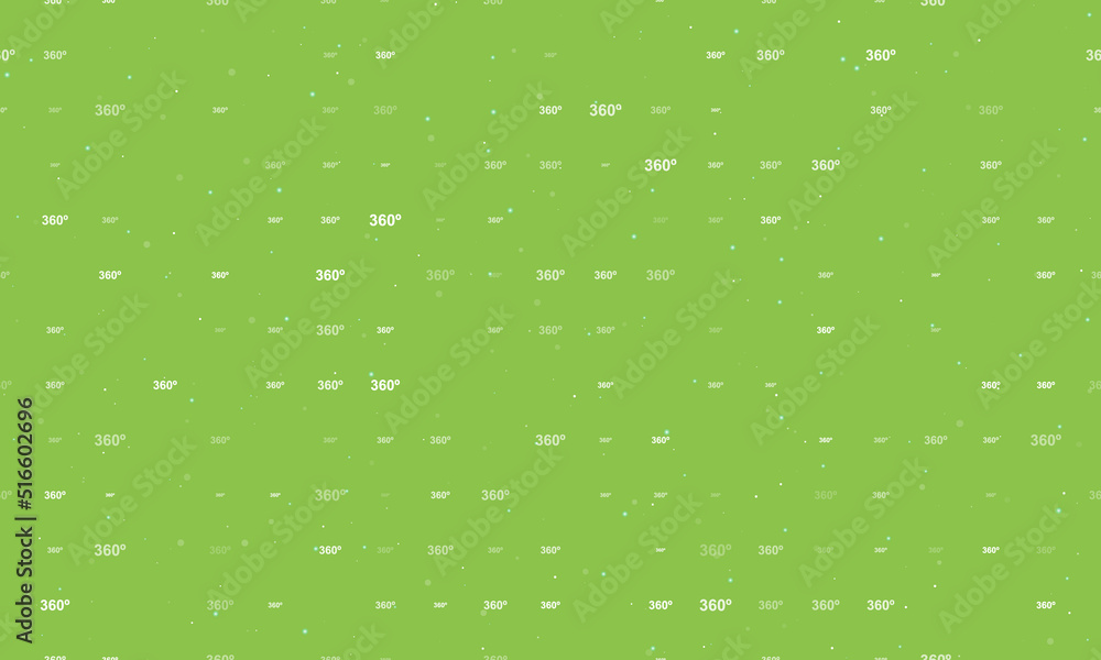 Seamless background pattern of evenly spaced white 360 degree symbols of different sizes and opacity. Vector illustration on light green background with stars
