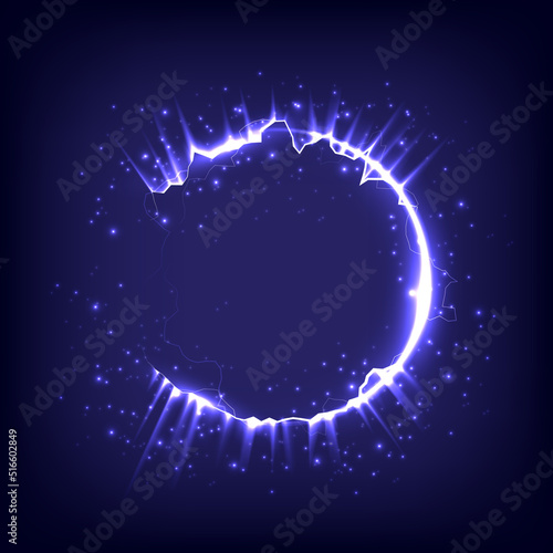 Fireworks model. Glowing circle. Sunshine, lightning, ray and sparking ring. Neon light tunnel. Bright border. Magic portal. Luminous electron and glint swirling. Cosmic energy