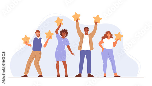 People are holding stars. Clients evaluating product, service. Feedback concept. Flat vector illustration.