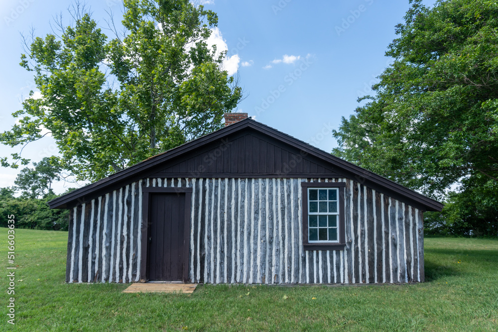 Petersburg, Virginia - 2022: Petersburg National Battlefield site of American Civil War Siege of Petersburg. Ulysses S Grant's Headquarters at City Point at Appomattox Manor. Restored cabin. Petersburg, Virginia - 2022: Petersburg National Battlefield site of American Civil War Siege of Petersburg. Ulysses S Grant's Headquarters at City Point at Appomattox Manor. Restored cabin.