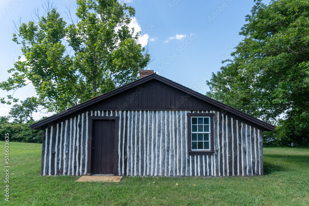 Petersburg, Virginia - 2022: Petersburg National Battlefield site of American Civil War Siege of Petersburg. Ulysses S Grant's Headquarters at City Point at Appomattox Manor. Restored cabin. 