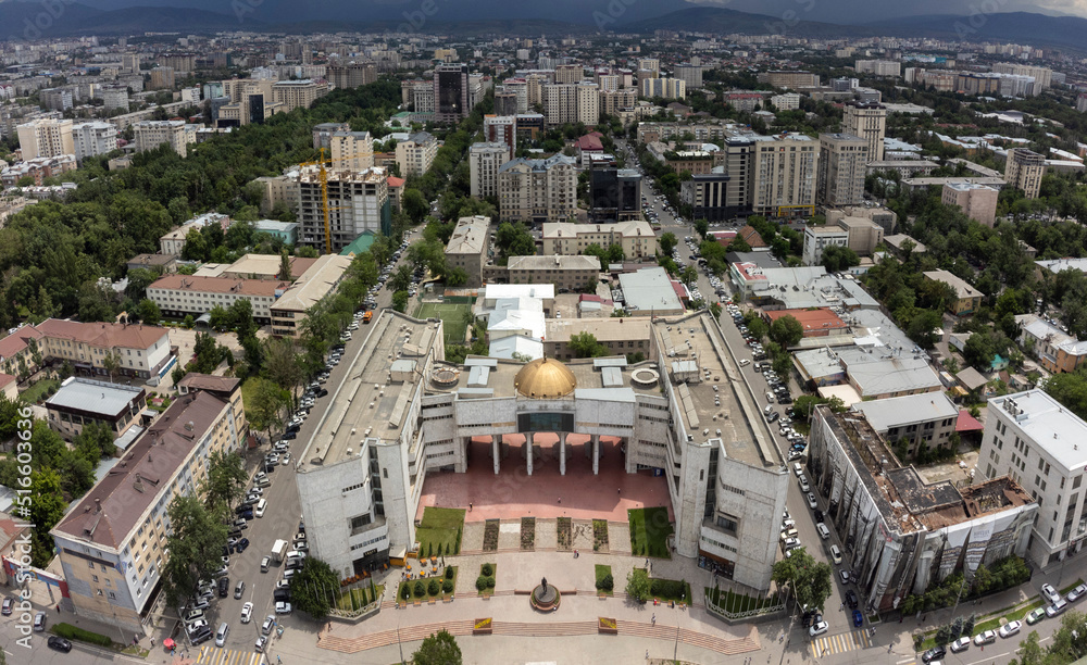 Aerial view of Ala Too Square in Bishkek, Kyrgyzstan with the city in the background.
