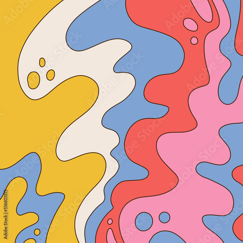 Abstract psychedelic background with cartoon colorful waves. Trendy design in style of 60s, 70s hippie . Hand drawn linear vector illustration.