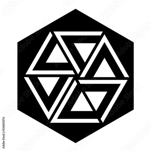Unbalanced movement, symbol in a crop circle pattern, found near Froxfield, Wiltshire. Triangle patterns in a hexagon showing a movement, slowed down by an element, moving in the opposite direction.