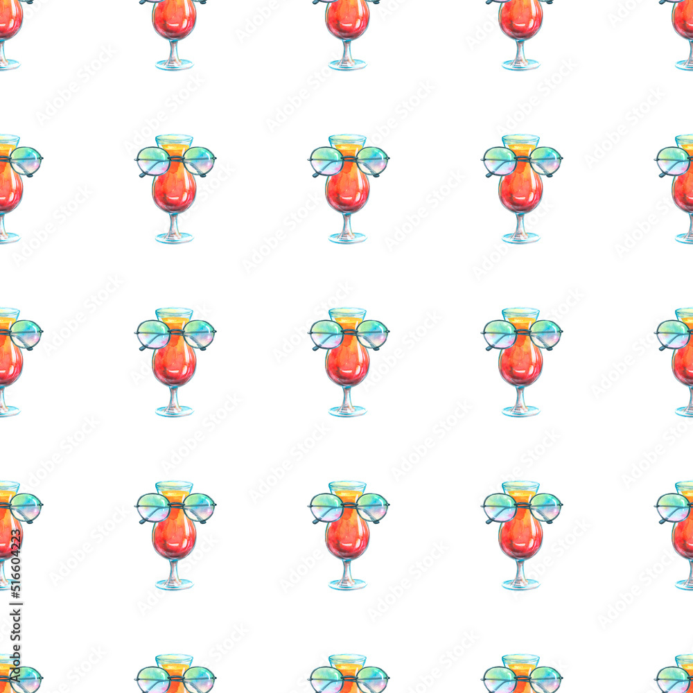 Naklejka premium A bright beach cocktail in sunglasses. Watercolor illustration. Simple seamless pattern on a white background. For beach fabrics, clothing, accessories, menus, paper, packaging, wallpaper, textiles.