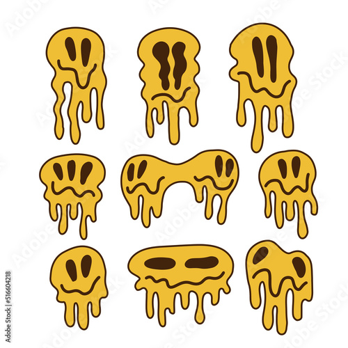 Melting smiles set vintage. Retro psychedelic melt emoji faces. Dripping smile print collection. Groovy Hand drawn linear vector illustration.