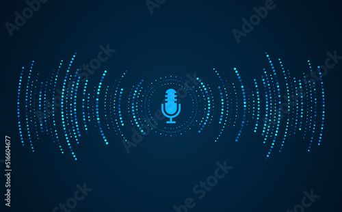 Podcast concept. Microphone with voice recording wave. Future technology