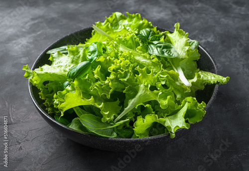 Fresh lettuce and basil leaves on a dark background. A mixture of healthy greens. Side view, close-up.