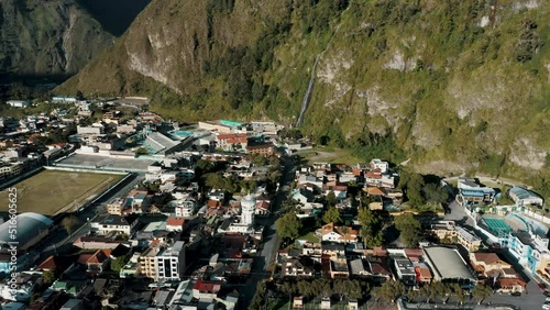 Cityscape Of Baños de Agua Santa In Ecuador - aerial drone shot
