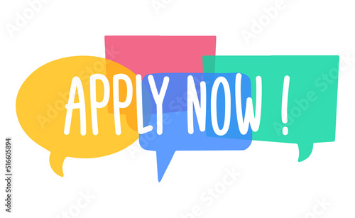 Hiring recruitment poster vector design. Text Apply Now ring on bright speech bubbles. Vacancy template. Job opening, search.