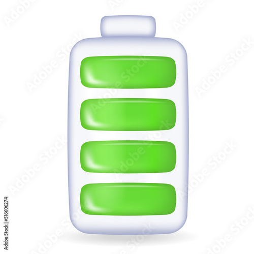 Vector battery, full green charge. Glass 3d battery illustration on white background