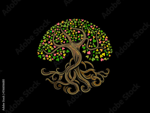  Abstract human tree with colorful leaves concept. isolated on black background.