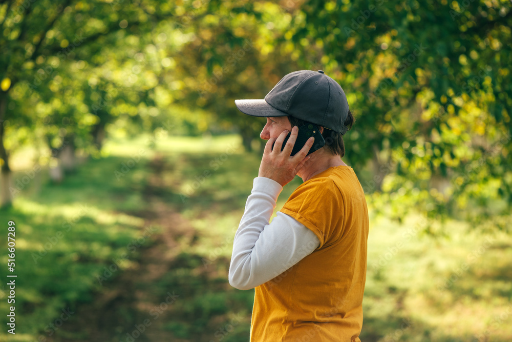 Female farmer using smartphone in walnut tree orchard. Farm worker wearing orange t-shirt and trucker's hat with mobile phone in hand. Female farmer using smartphone in walnut tree orchard. Farm worker wearing orange t-shirt and trucker's hat with mobile phone in hand.