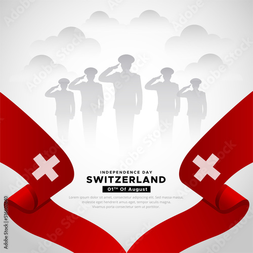 Modern Switzerland independence day design background with wavy flag and soldier silhouette.