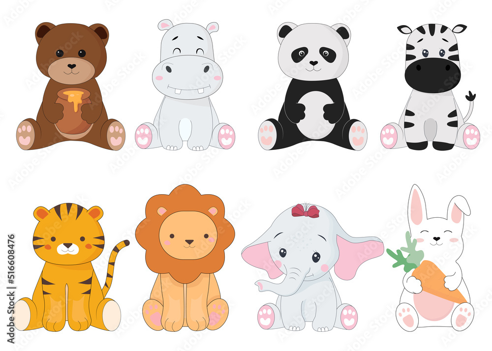 Cartoon baby animals set. Isolated bear, bunny, hippo,panda, zebra, lion, tiger, elephant