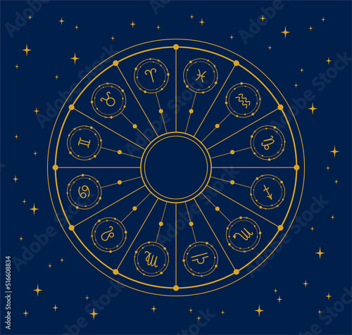 Golden zodiac circle with zodiac signs on a dark blue starry background. Vector illustartion