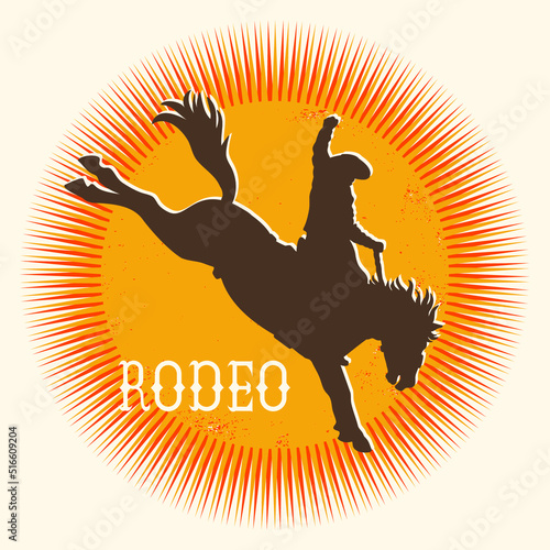 Cowboy Rodeo wild horse vector round symbol. Silhouette of Cowboy riding a wild horse on yellow sun in symbol flat style illustration with text rodeo isolated