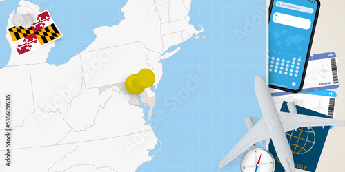 Travel to Maryland concept, map with pin on map of Maryland. Vacation preparation map, flag, passport and tickets.
