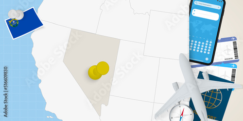 Travel to Nevada concept, map with pin on map of Nevada. Vacation preparation map, flag, passport and tickets.