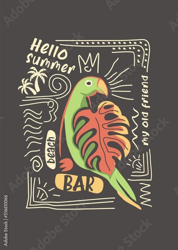 Macaw parrot graphic with doodle design elements and scribbles. Artistic vector illustration with tropical summertime theme, perfect for tee shirt prints or posters.