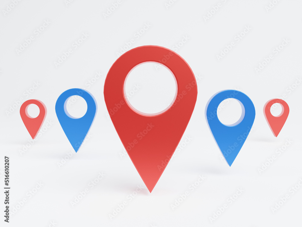 3D Red and blue pointer pins isolated on white background. Check in location on map icon, 3D rendering. 3D Red and blue pointer pins isolated on white background. Check in location on map icon, 3D rendering.
