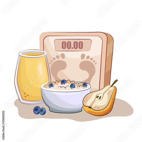 composition on the theme of proper nutrition and weight loss. scales, pear fruit, fresh orange smoothie juice and oatmeal with berries. vector illustration isolated on white for nutritionist banner