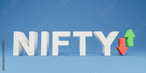 3D NIFTY - National Stock Exchange of India an arrow isolated on blue background. capitalizations large companies. financial investment trading. NSEI 3D rendering. photo