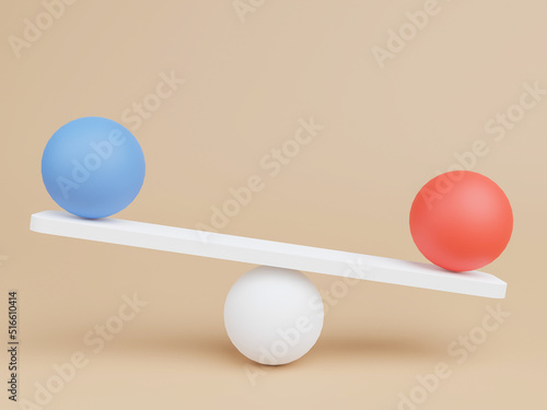 3D see saw balance isolated on brown background. The seesaw has a pivot point in the middle of the board. Business finance concept. Stability, equal, Scale, justice, compare, copy space, 3D Rendering.