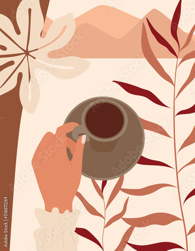 Hand with coffee cup. Abstract illustration in retro style for poster and cafe design.