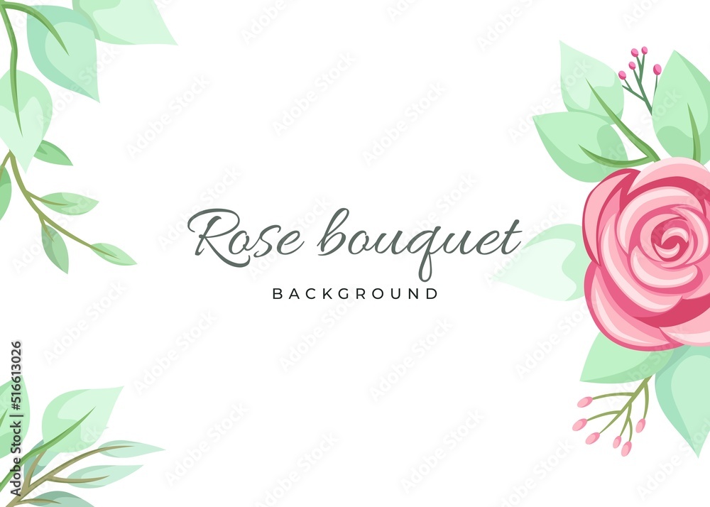 Pink rose flower with greenery frame border on white background. Beautiful background for wedding or engagement invitation, greeting card, poster, banner design