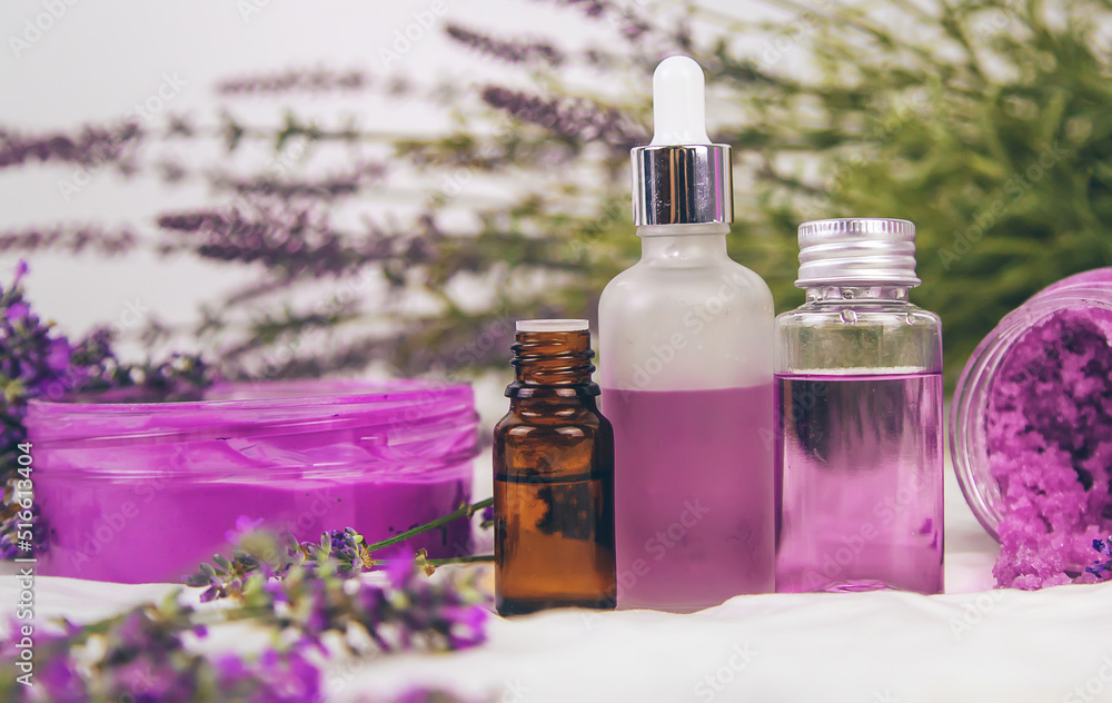 Spa cosmetics with lavender extract. Selective focus. Spa cosmetics with lavender extract. Selective focus.