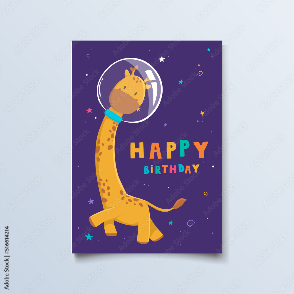 Naklejka premium Cartoon cute animals for baby card and invitation astronaut giraffe in space cosmos