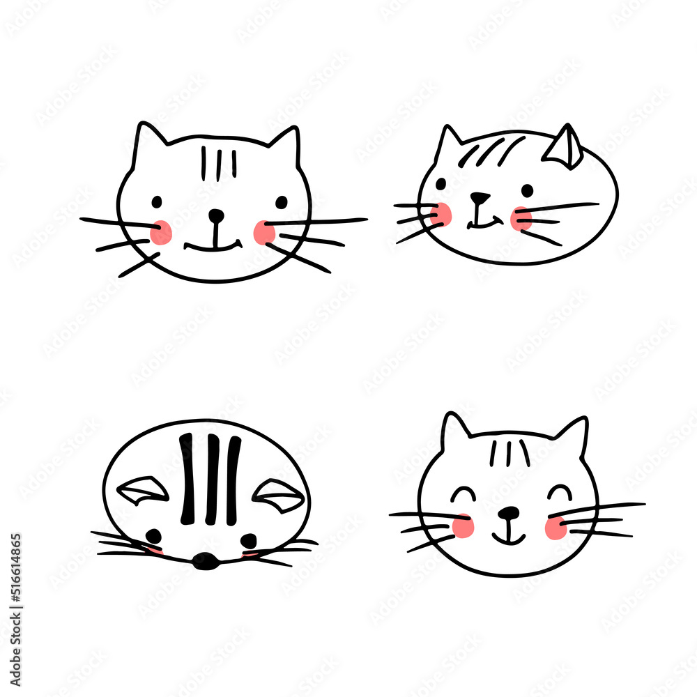 Cat faces collection in cute doodle style. Funny animals avatar with different emotions. Vector illustration on white background.